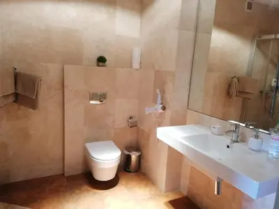 a bathroom with a white toilet and a sink at Central Druskininkai Apartment in Druskininkai