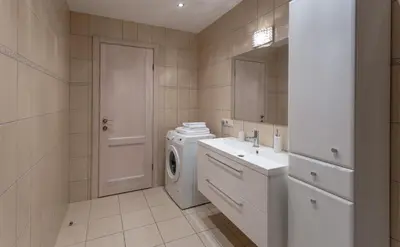 a bathroom with a washing machine and a sink at Violetos Lux Apartamentai in Druskininkai