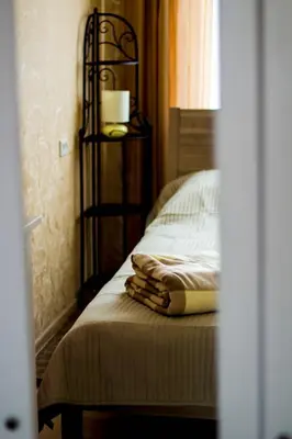 a bedroom with a bed with a lamp on it at Central Apartments Karolina in Druskininkai