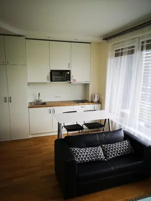 a living room with a black couch and a table at Sky Studio near the Vilnius Center in Vilnius