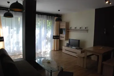 a living room with a couch and a tv and a table at Šeimyninis butas in Birštonas