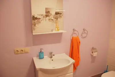 a bathroom with a white sink and a mirror at Šeimyninis butas in Birštonas