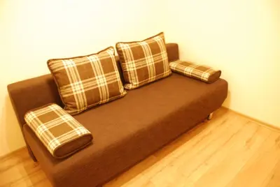 a brown couch with three pillows on it at Šeimyninis butas in Birštonas