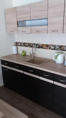 a kitchen with a sink and wooden cabinets at Šeimyninis butas in Birštonas