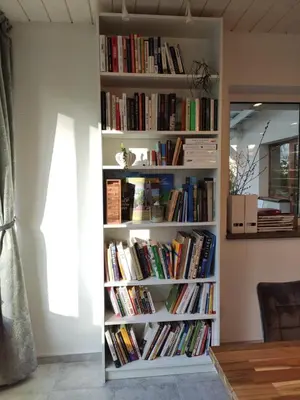 a book shelf filled with books in a room at Family house in Druskininkai