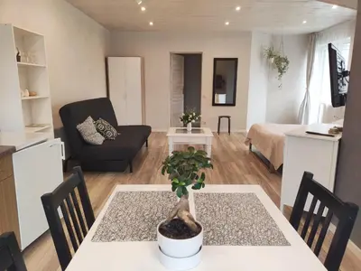 a kitchen and living room with a table and a couch at Family house in Druskininkai