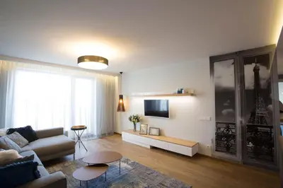 a living room with a couch and a tv at Angel in Druskininkai