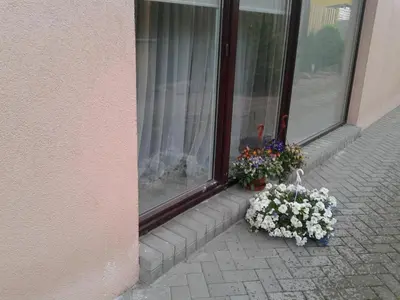 a window with two flowers on the side of a building at Apartments near old town with private parking in Kaunas