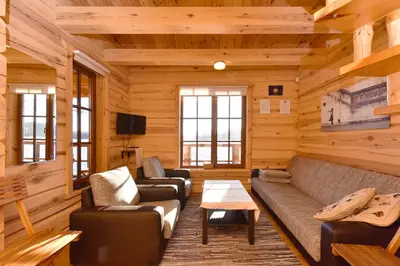 a living room with a couch and chairs in a log cabin at Mekų sodyba in Degučiai