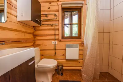 a bathroom with a toilet and a sink at Mekų sodyba in Degučiai