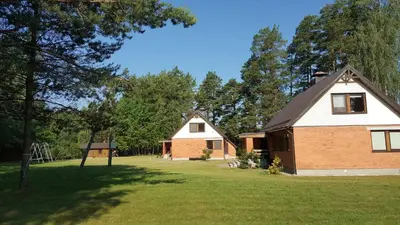 a house in the middle of a yard with trees at Petronių sodyba in Rukliai