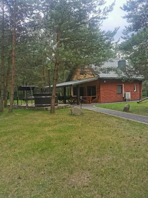a house in a park with a grass yard at Namelis su pirtele in Druskininkai