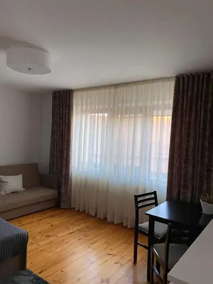 a living room with a couch and a table at Apartamentai Tarp trijų ežerų in Tytuvėnai