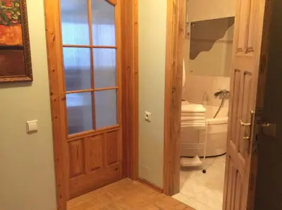 a bathroom with a wooden door and a toilet at Kotedžai Milikonių g. in Kaunas