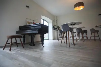 a living room with a piano and some chairs at Auroradream in Motiejiškės