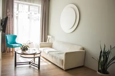 a living room with a couch and a table and a mirror at Owl Apartments in Kaunas