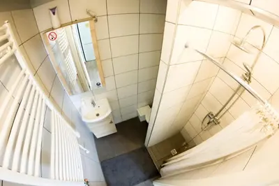 a bathroom with a shower and a sink and a toilet at Owl Apartments in Kaunas