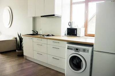 a white kitchen with a washer and dryer in it at Owl Apartments in Kaunas