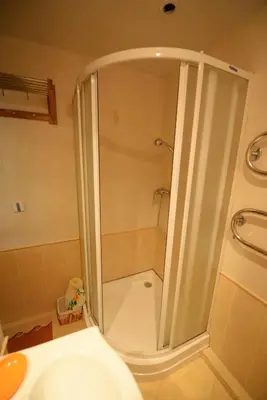 a shower in a bathroom with a toilet and a sink at Ramresort Apartment in Birštonas