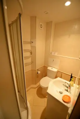 a small bathroom with a toilet and a sink at Ramresort Apartment in Birštonas