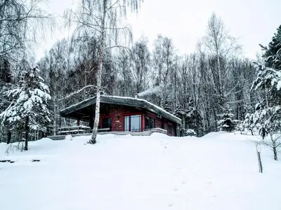 a log cabin in the snow with trees at Namelis šalia vynuogyno in Būdziliai