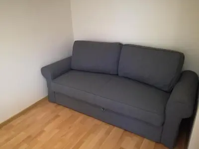 a gray couch in a corner of a room at Apartment for rent Druskininkai in Druskininkai