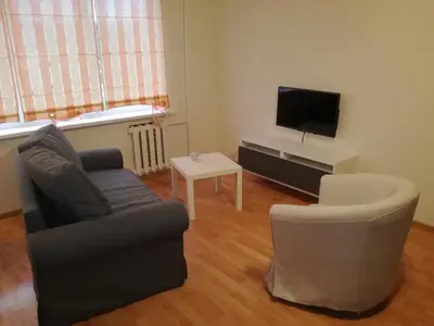 a living room with a couch and a chair and a tv at Apartment for rent Druskininkai in Druskininkai