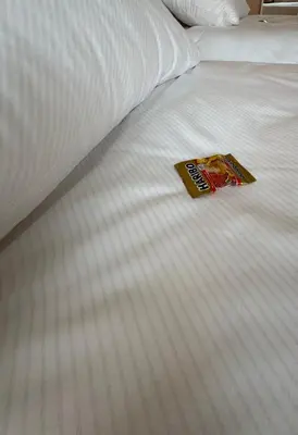a book sitting on a white bed at Apartamentai KAVA in Zarasai