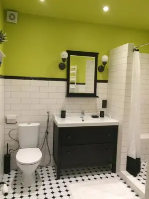 a bathroom with a toilet and a sink and a mirror at Luxury Apartment in Druskininkai