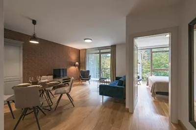 a living room with a bed and a dining room at SoulHouse apartments in Druskininkai