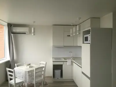 a small white kitchen with a table and chairs at Angel's Dream Apartment in Anykščiai