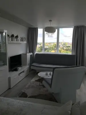 a living room with a couch and a large window at Angel's Dream Apartment in Anykščiai