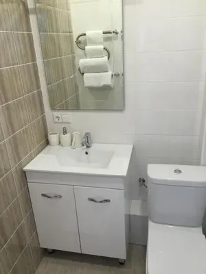 a bathroom with a sink and a toilet and a mirror at Angel's Dream Apartment in Anykščiai