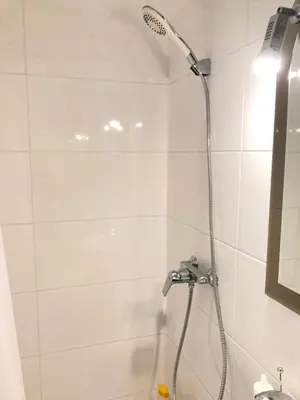 a shower with a shower head in a bathroom at Centro apartment near Gedimas Avenue in Vilnius
