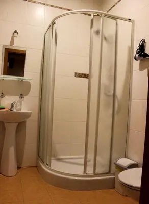 a shower in a bathroom with a toilet and a sink at Vidų Guest House in Utena