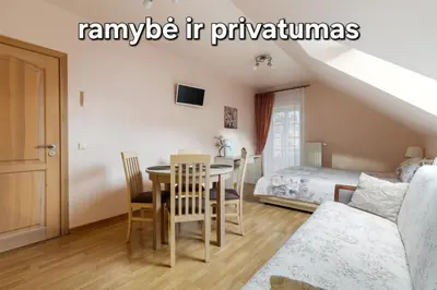 a bedroom with a dining room table and a bed at Vila Liepa in Birštonas