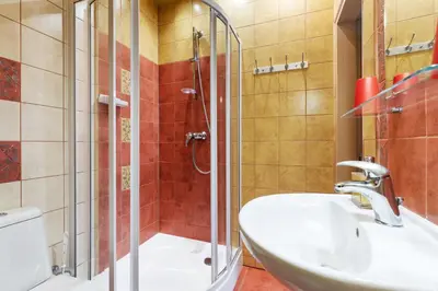 a bathroom with a sink and a shower at Vila Liepa in Birštonas