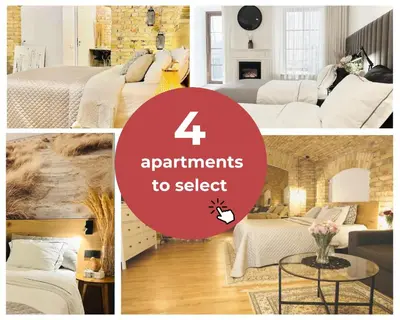 a collage of four pictures of a bedroom at Tomy Old Town Apartments in Vilnius