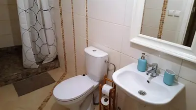 a bathroom with a white toilet and a sink at Igo Apartment Townhall in Vilnius