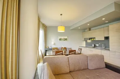 a living room and kitchen with a couch and a table at Apartamentai Liuks in Druskininkai
