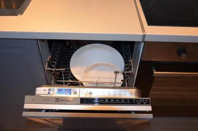 a dishwasher with a plate sitting on top of it at Apartments Ozo Park in Vilnius