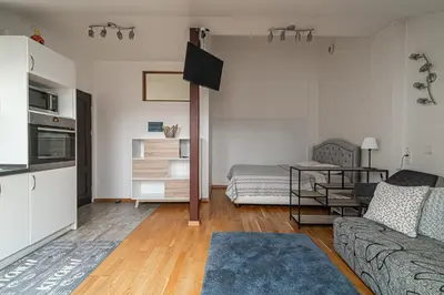 a living room with a couch and a table at Vilnius Old Town Happiness in Vilnius