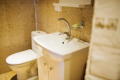 a bathroom with a sink and a toilet at Aitvaras in Anykščiai