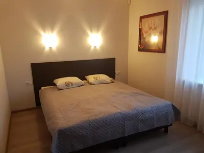 a bedroom with a bed with two pillows on it at Domeikavos vila in Ražiai