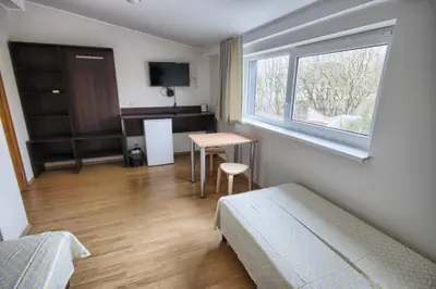 a bedroom with a bed and a table and a window at Domeikavos vila in Ražiai