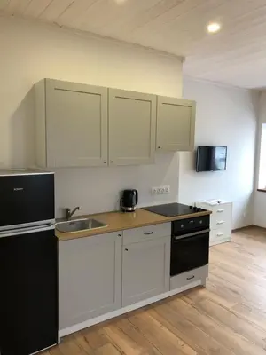 a kitchen with white cabinets and a black refrigerator at Villa Midesta in Šiauliai