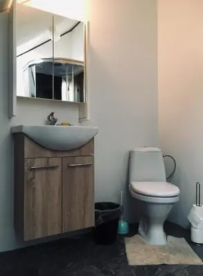 a bathroom with a sink and a toilet at Room in a Scandinavian Style House in Vilnius