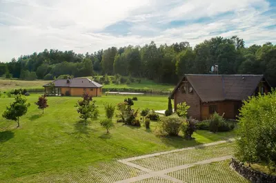 an aerial view of a house and a garden at Country house Stirnamis in Mindūnai