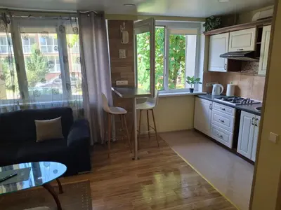 a kitchen and living room with a couch and a table at Apartamentai Dana in Birštonas