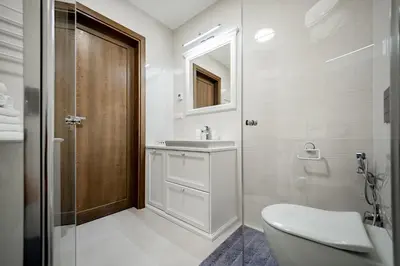 a bathroom with a toilet and a sink and a mirror at FoRest Apartments in Druskininkai